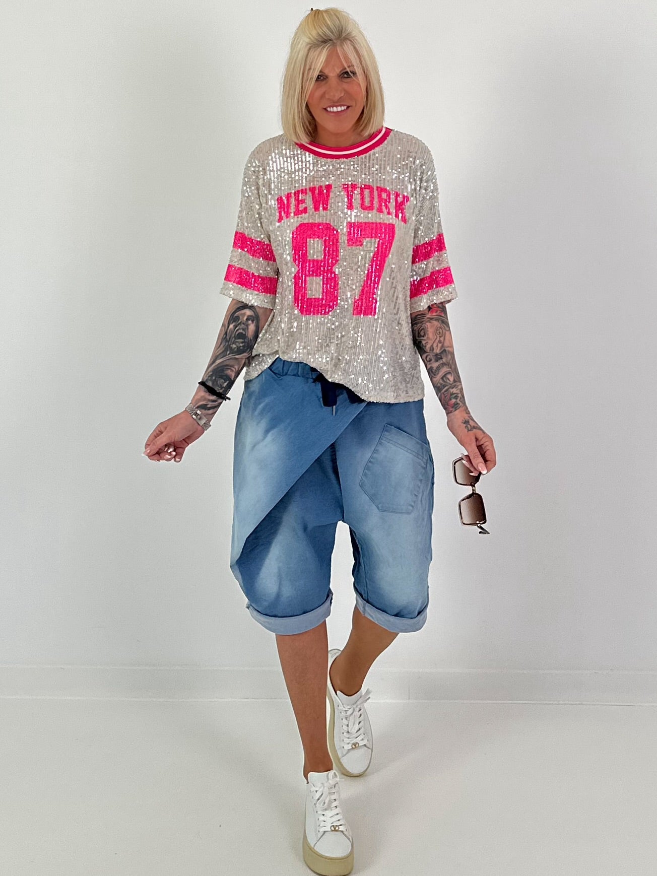Pailletten T-shirt New York - zilver-roze