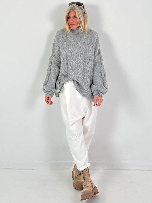 Casual cable-knit sweater, model "Pure Cable" - light grey