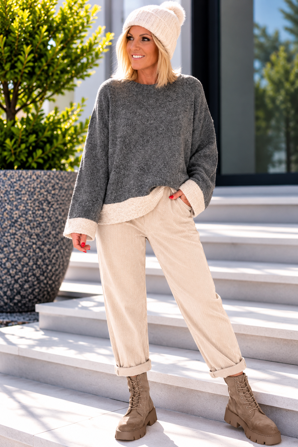 Pullover mit Kontrastsaum - anthrazit-beige