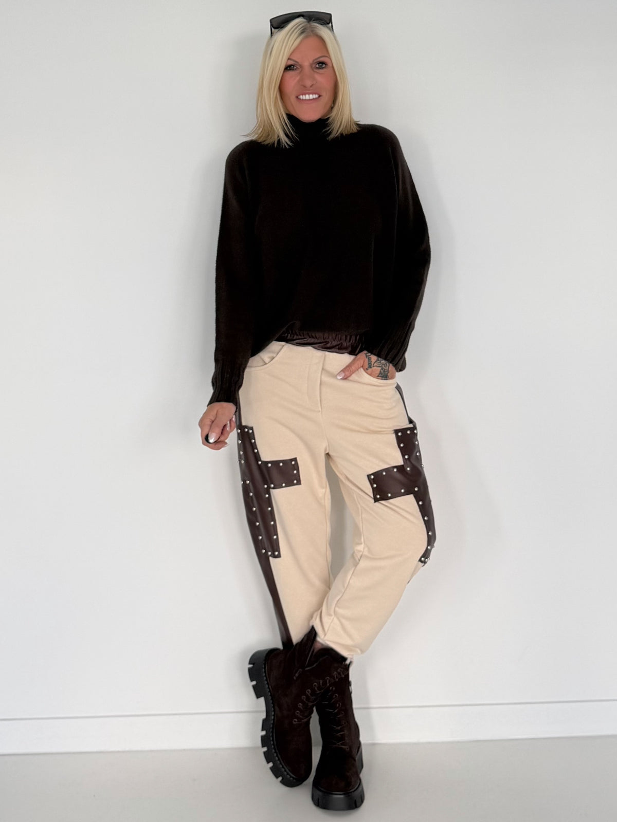 Sweathose im Materialmix - beige-mokka