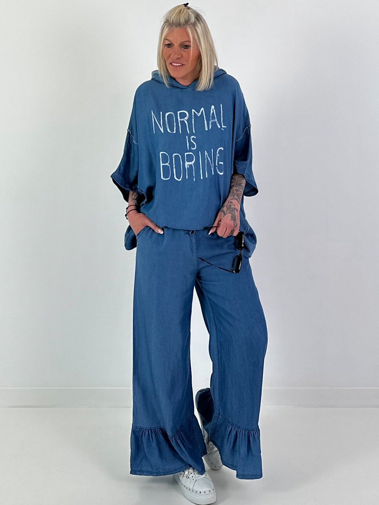 Oversized Hooded Denim Shirt - Dark Blue