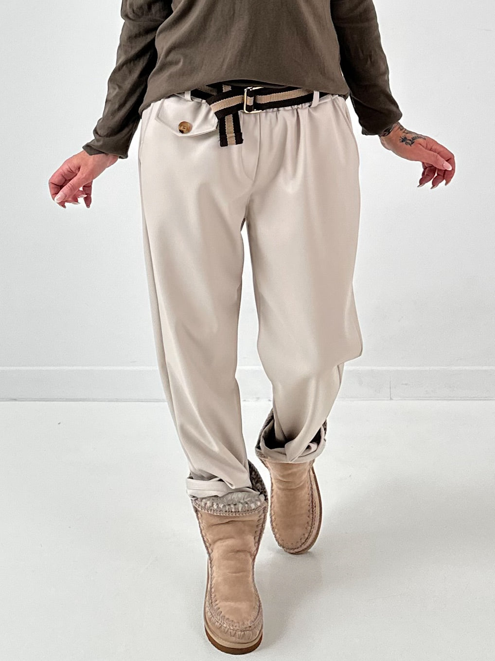 Leather-look trousers, model "Cream Flow" - beige