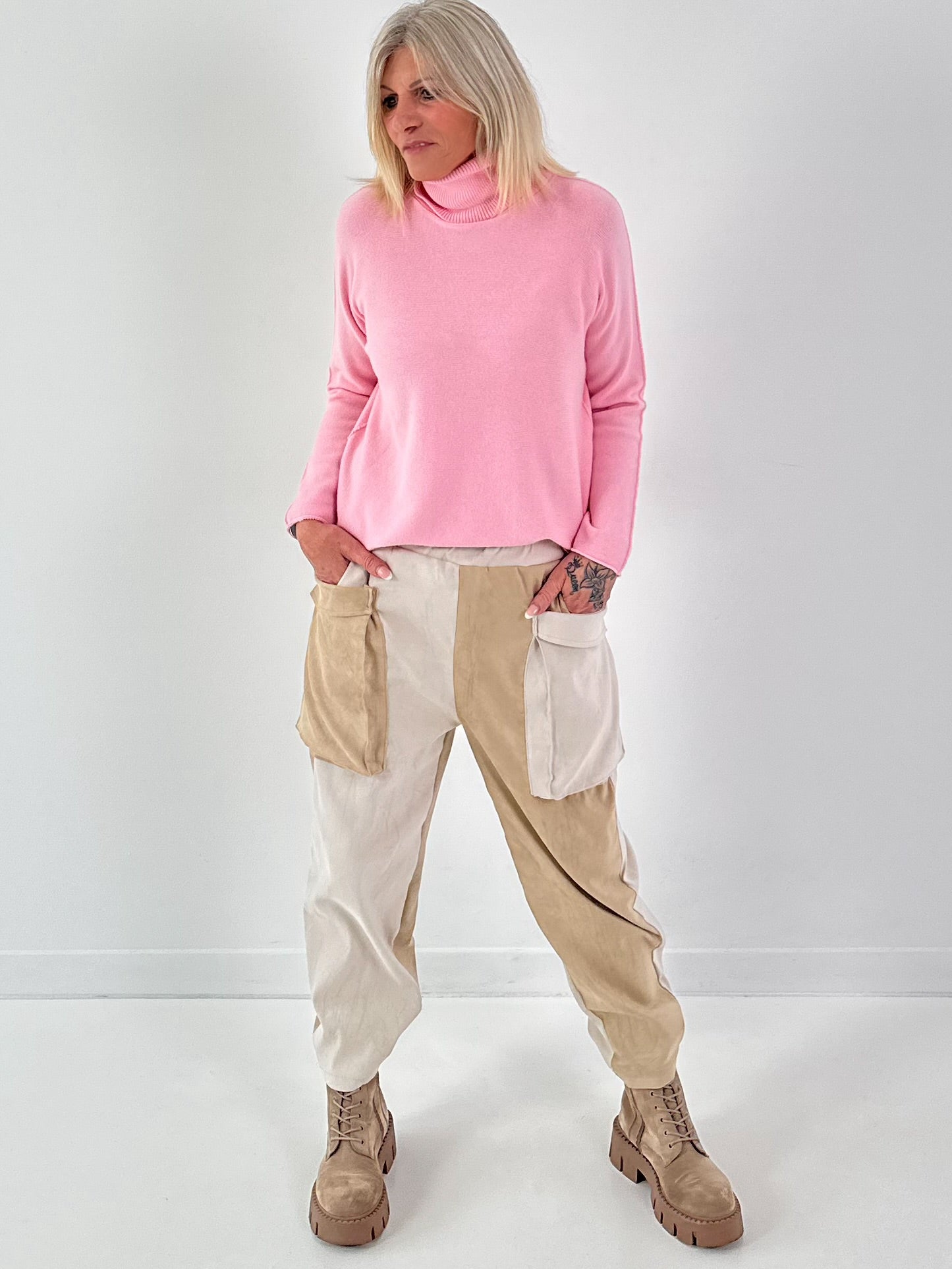Suede-look trousers, model "Dual Harmony" - ecru-beige