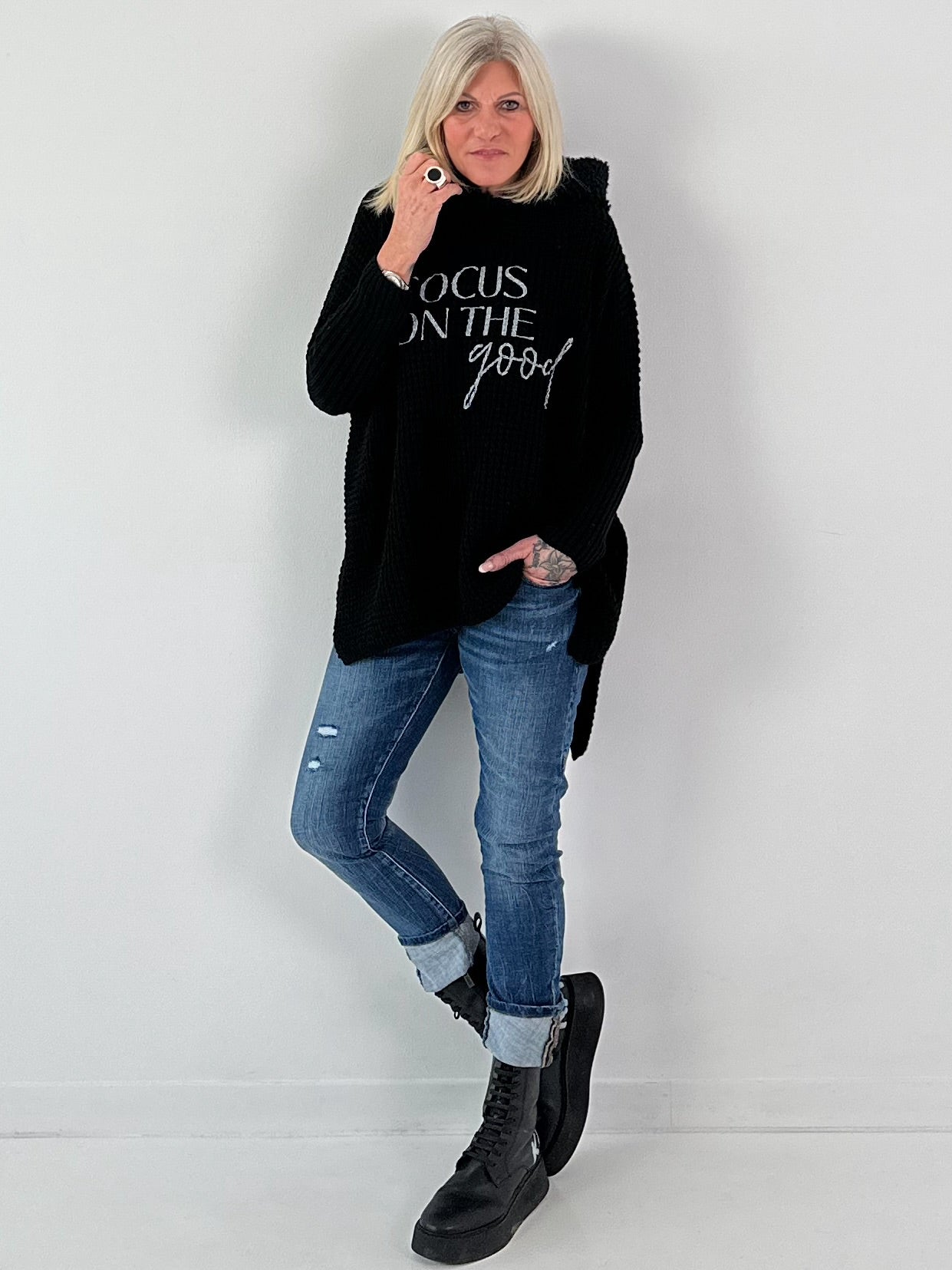 Pullover mit Teddy Kapuze Modell "Good Focus" - schwarz