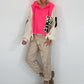 Oversized grofgebreide hoodie met sweat-inzetstuk - neonroze-ecru