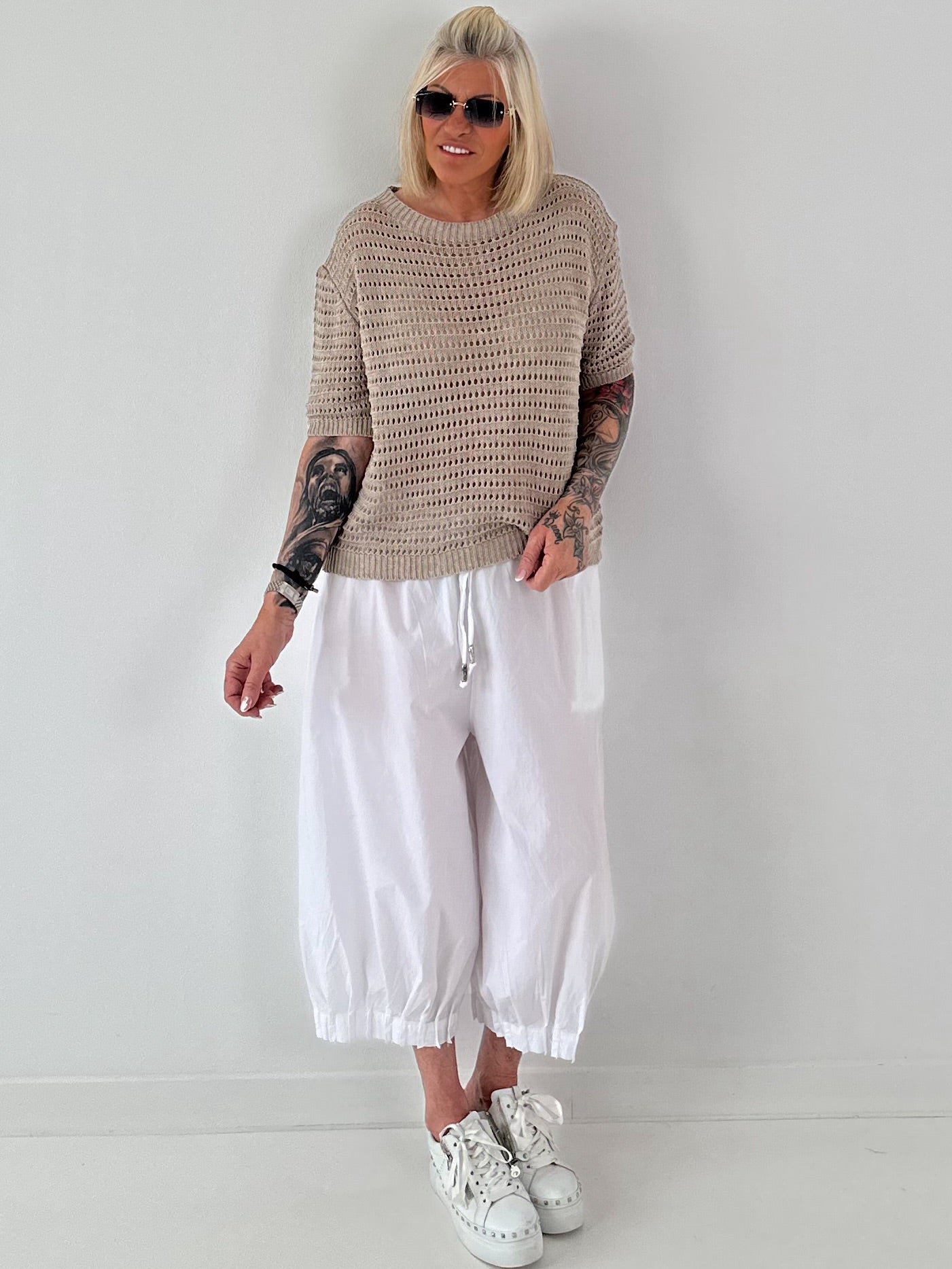 Strick Shirt mit Lochmuster - taupe
