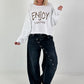 Sweater with purl seams and print - white