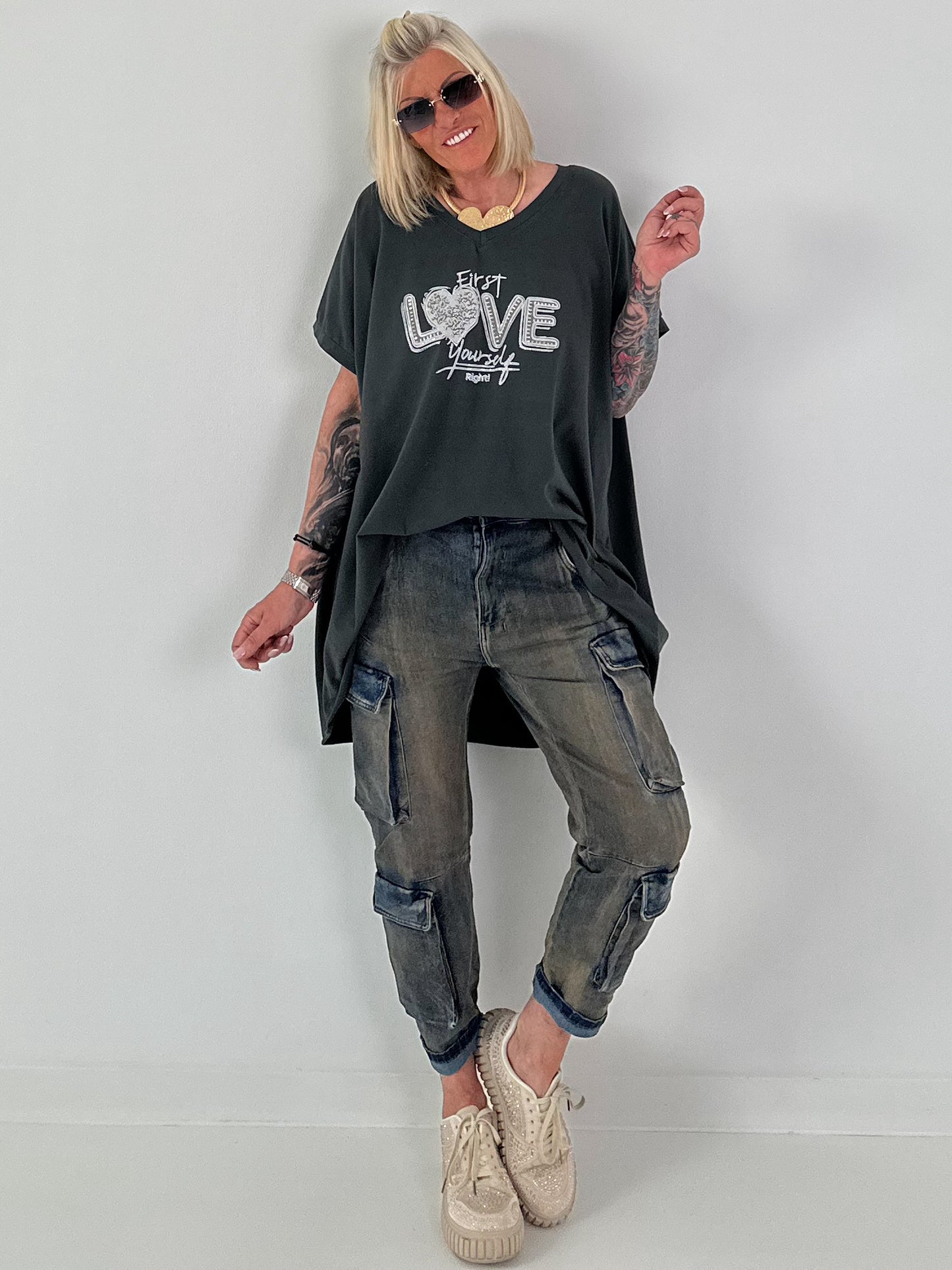 T-Shirt mit Strassdetail - anthrazit