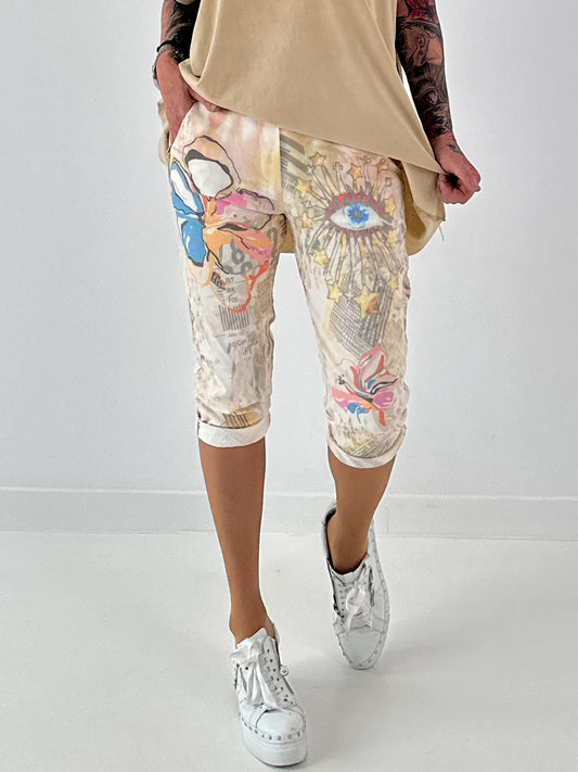 Capri-broek met all-over print - geel-beige-meerkleurig