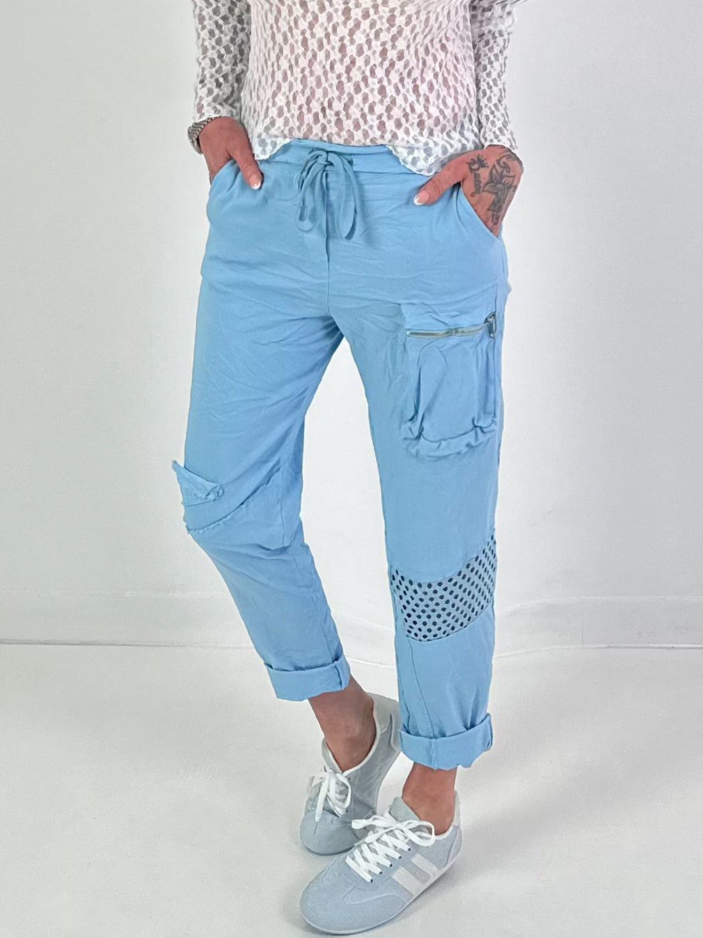 Trousers with mesh insert - light blue