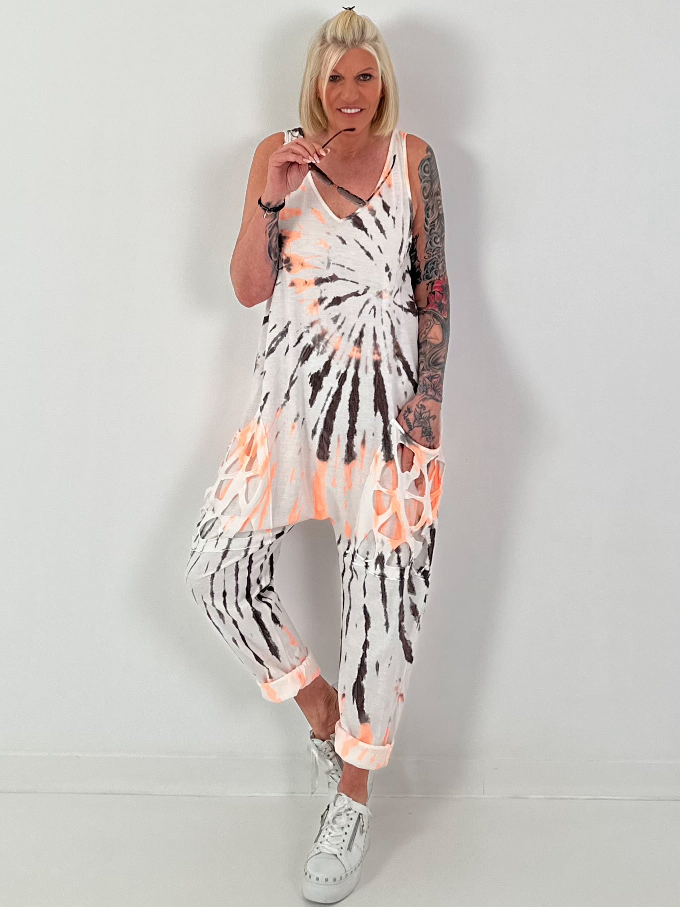 Tie-Dye Jumpsuit with Patch Cut-Out Pockets - white-neon orange-dark brown