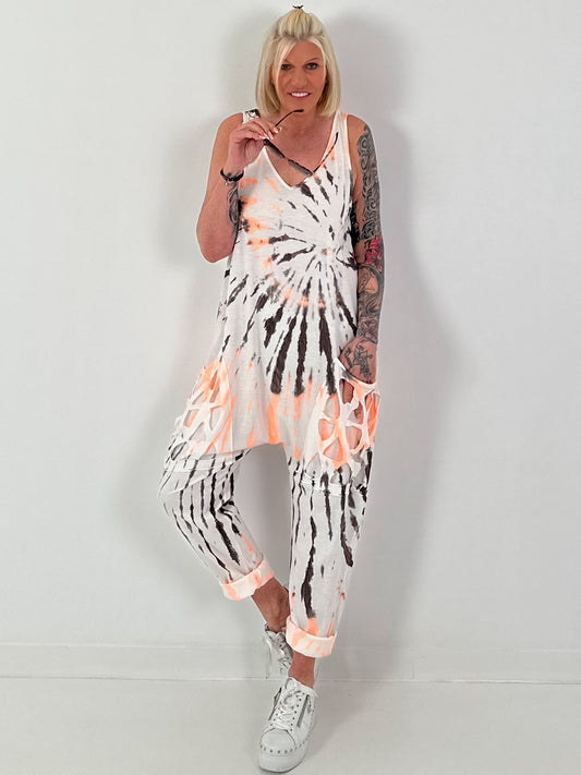 Tie-Dye Jumpsuit with Patch Cut-Out Pockets - white-neon orange-dark brown