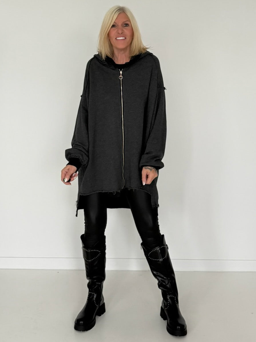 Oversized Long-Sweatjacke im Used-Look - used-black