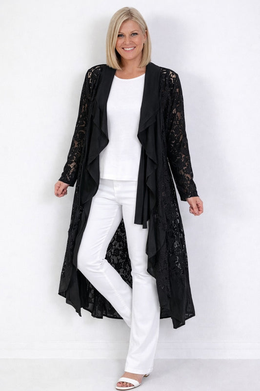 Leinenmantel mit Spitzenmuster - schwarz