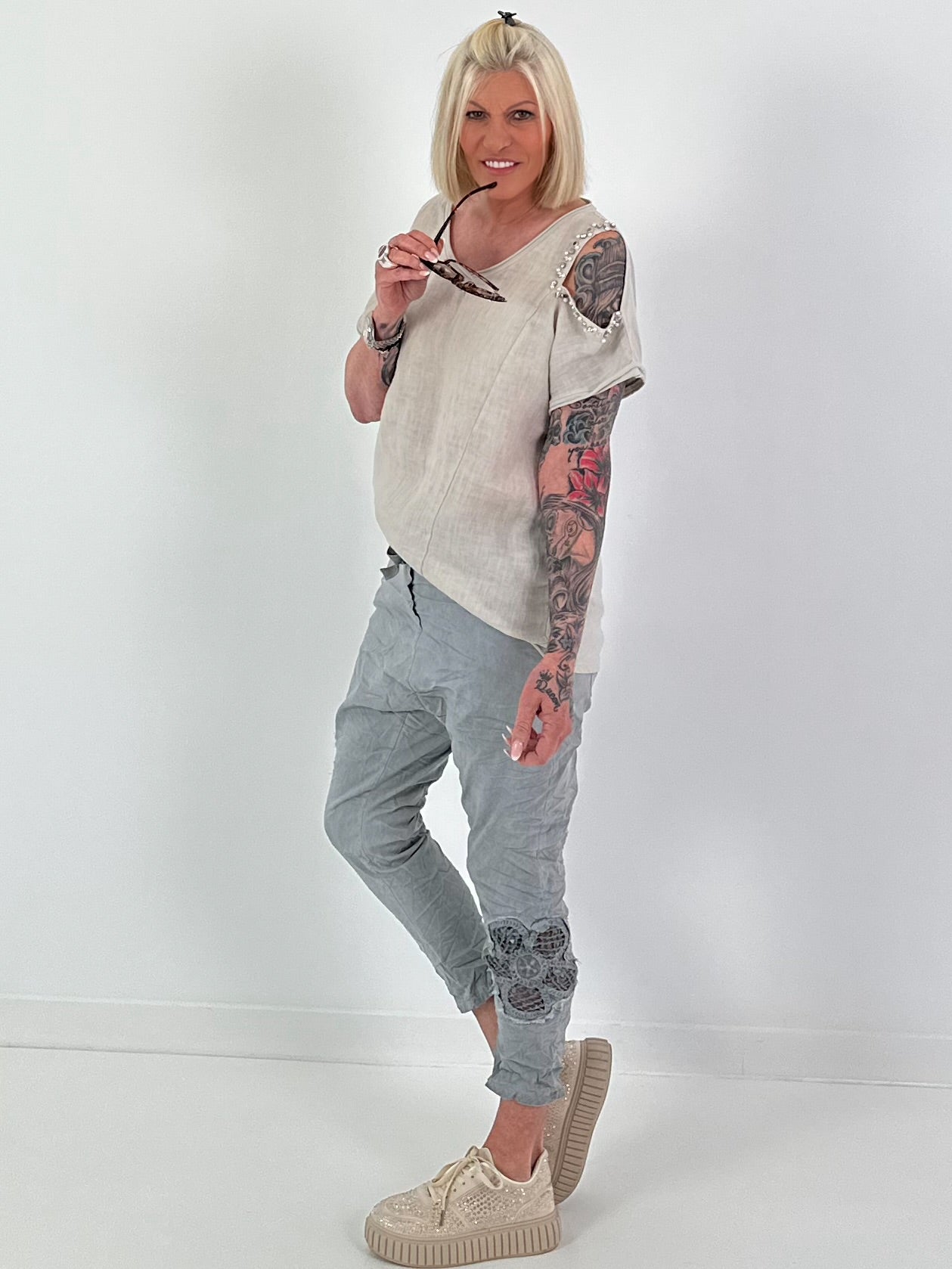 Linen Shirt with Cut-Out - beige