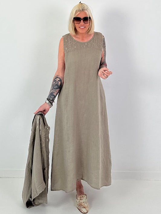 Sleeveless linen dress with crochet insert - taupe