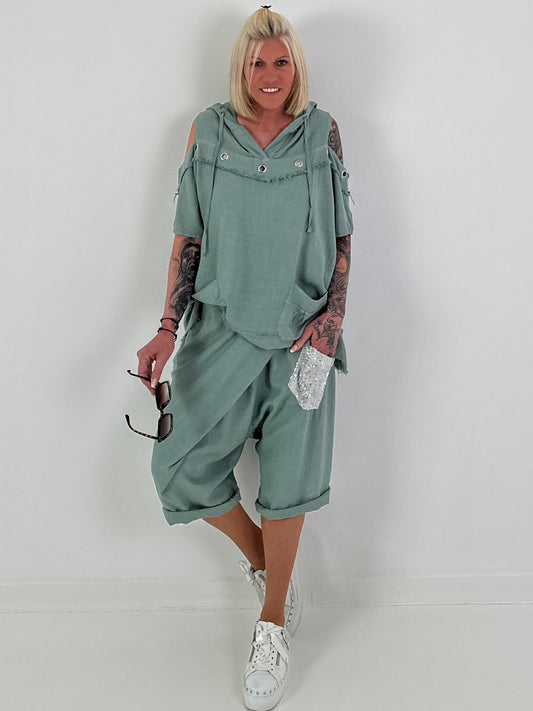 Leinen Shirt mit Ösen und Schulter Cut-Outs - khaki