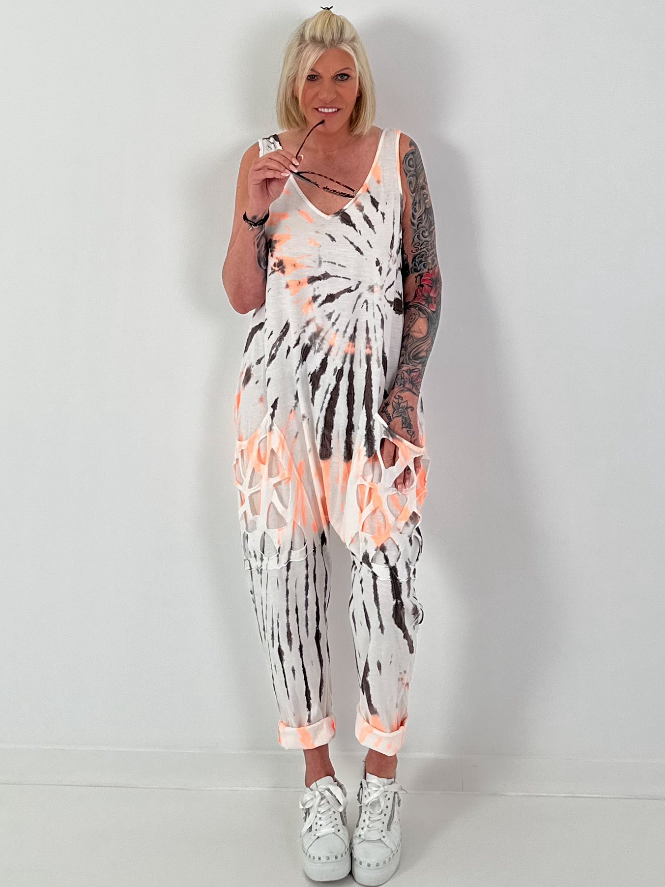 Tie-Dye Jumpsuit with Patch Cut-Out Pockets - white-neon orange-dark brown