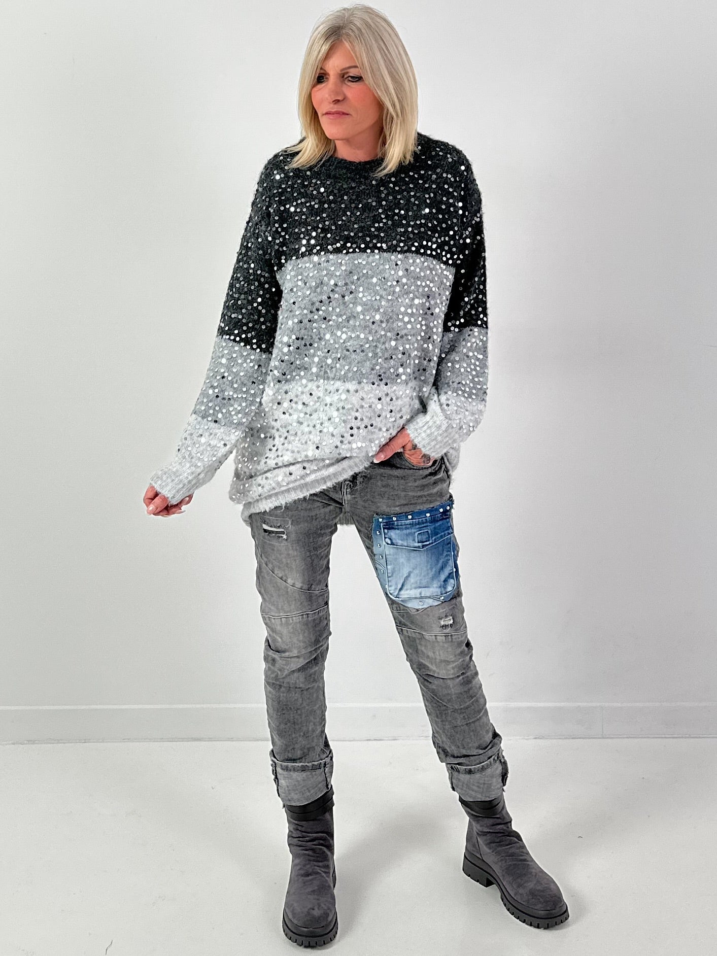 Long pullover model "Block Spark" - grey-multicoloured