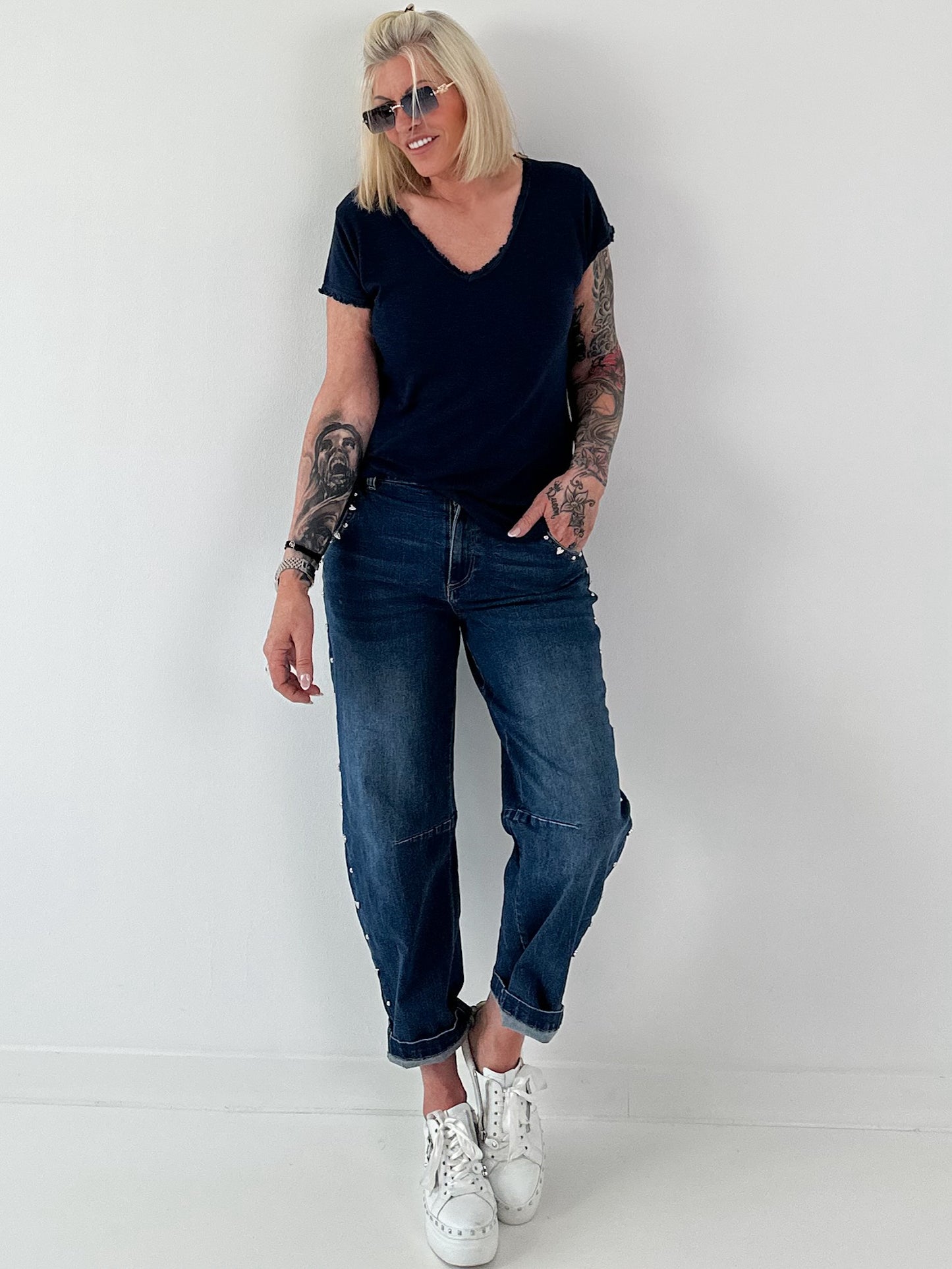 Ripp T-Shirt stone washed- dunkelblau