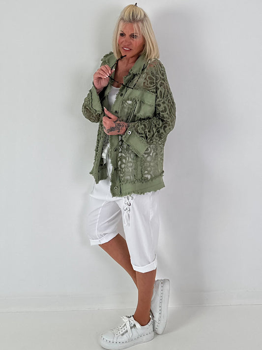 Jeansjacke mit floralem Netzeinsatz - khaki ( lieferbar ab 26.05.26))