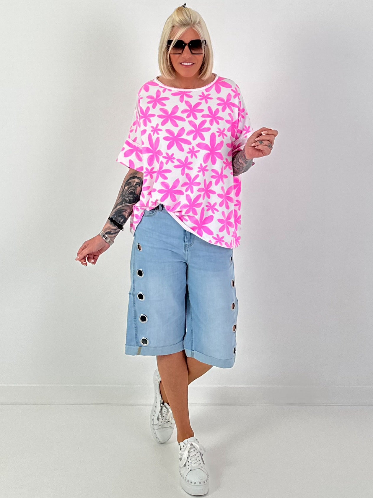 Sweat T-Shirt mit floralem Muster - weiss-neonpink