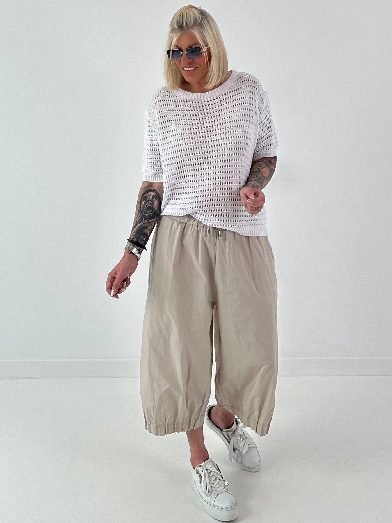 Strick Shirt mit Lochmuster - weiss