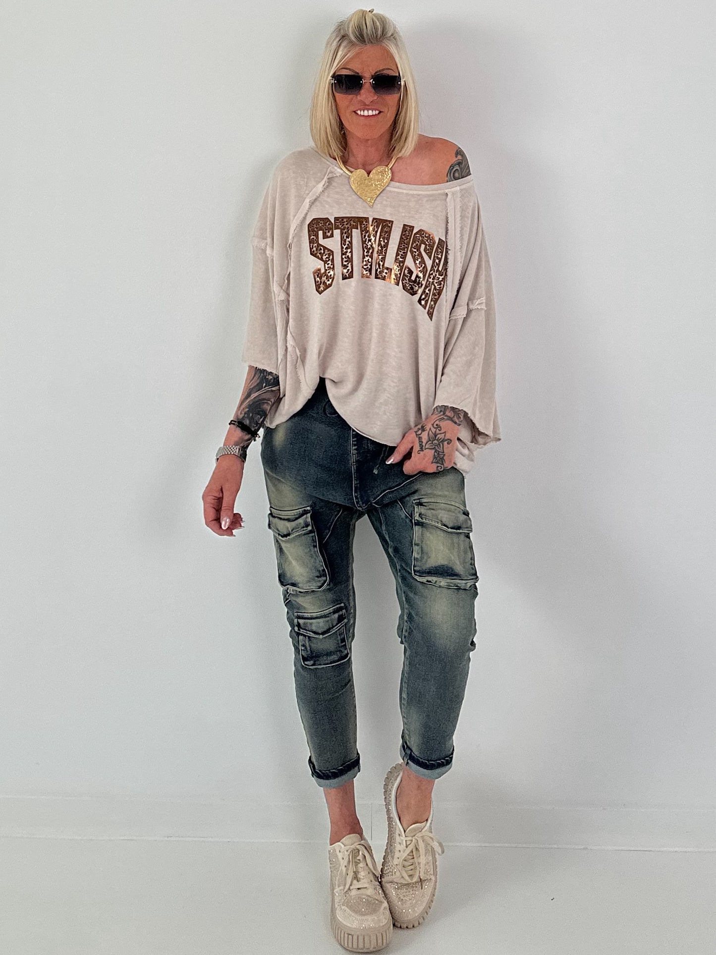 Strick Shirt mit Leo-Print - beige