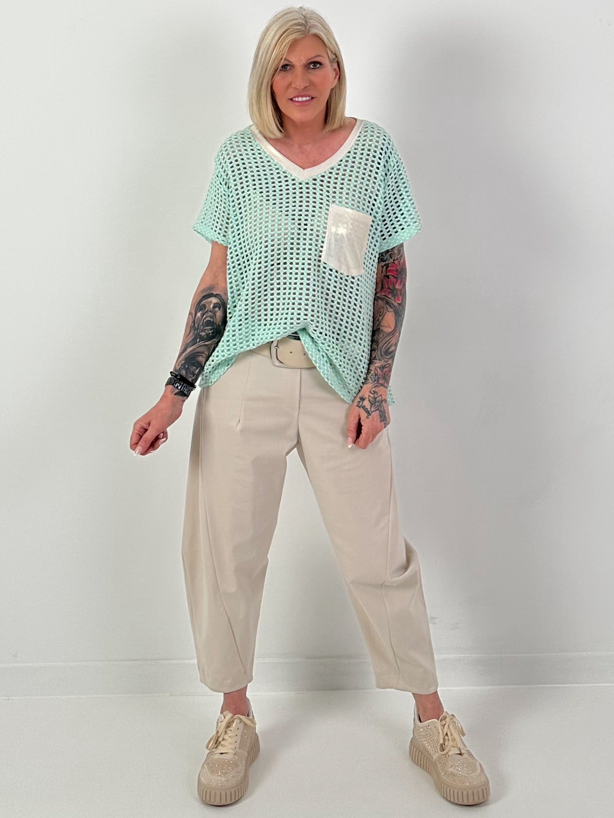 Häkelshirt mit V-Ausschnitt - mint