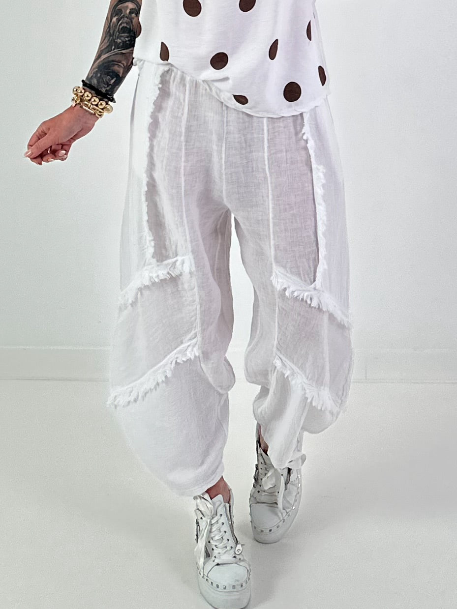 Ballon Leinen Hose mit Fransen Details - weiss
