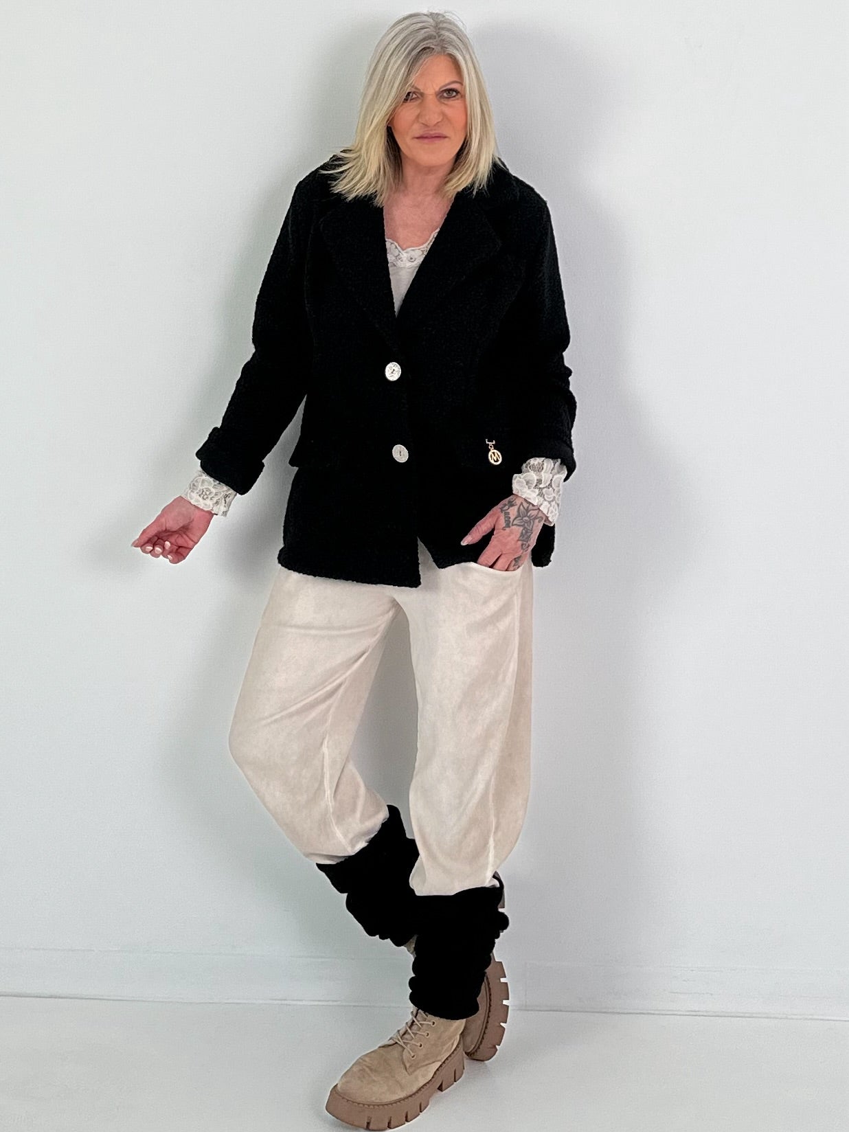 Bouclé Jacke - schwarz