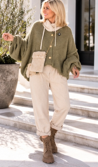 Kuschelige Oversized Strickjacke mit Außennähten - oliv