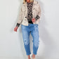 Lace top with leopard print - black-beige