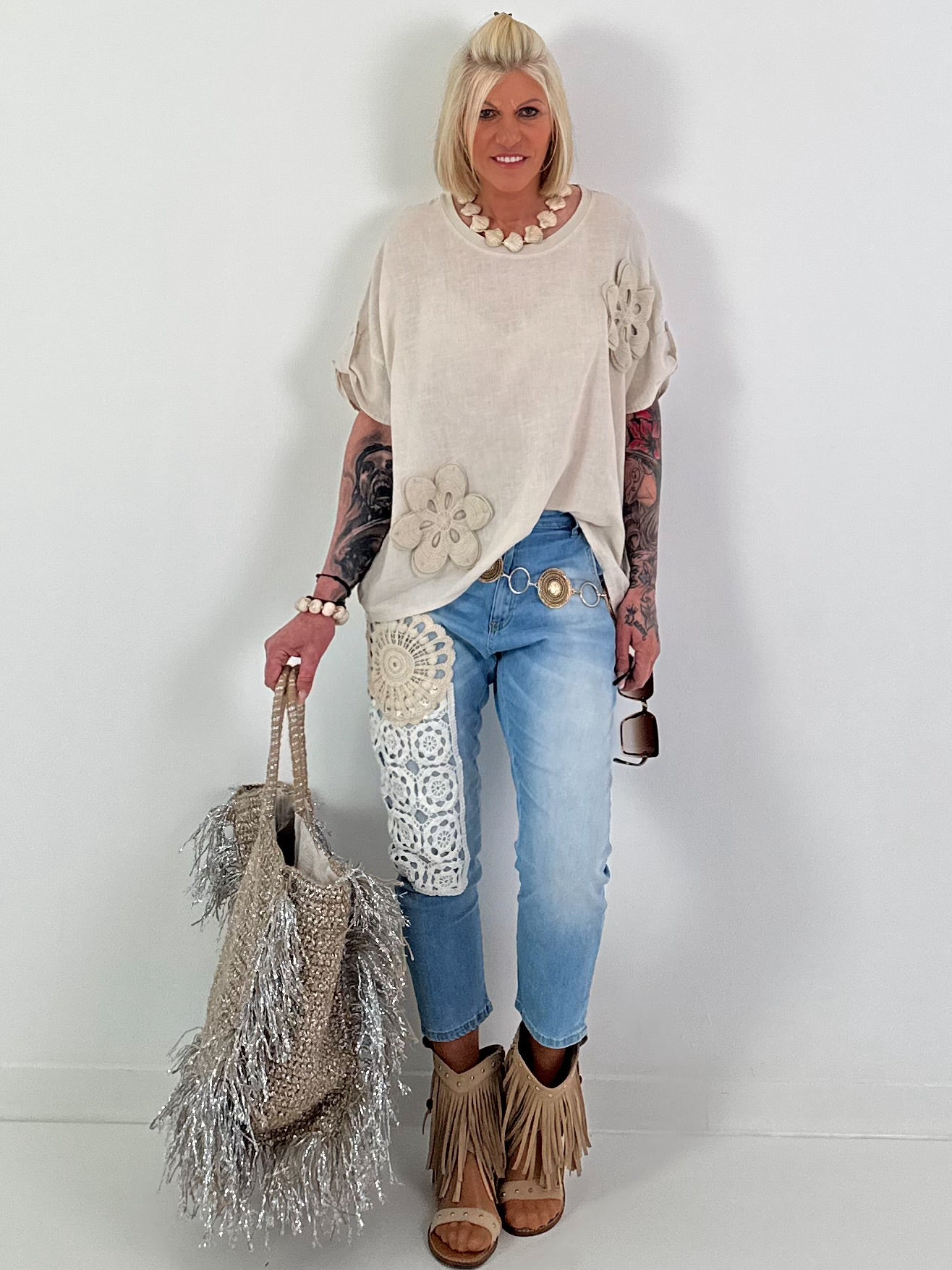 Linen shirt with crocheted floral appliqués - beige