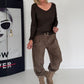 Rippshirt mit fransigem V-Ausschnitt - mokka