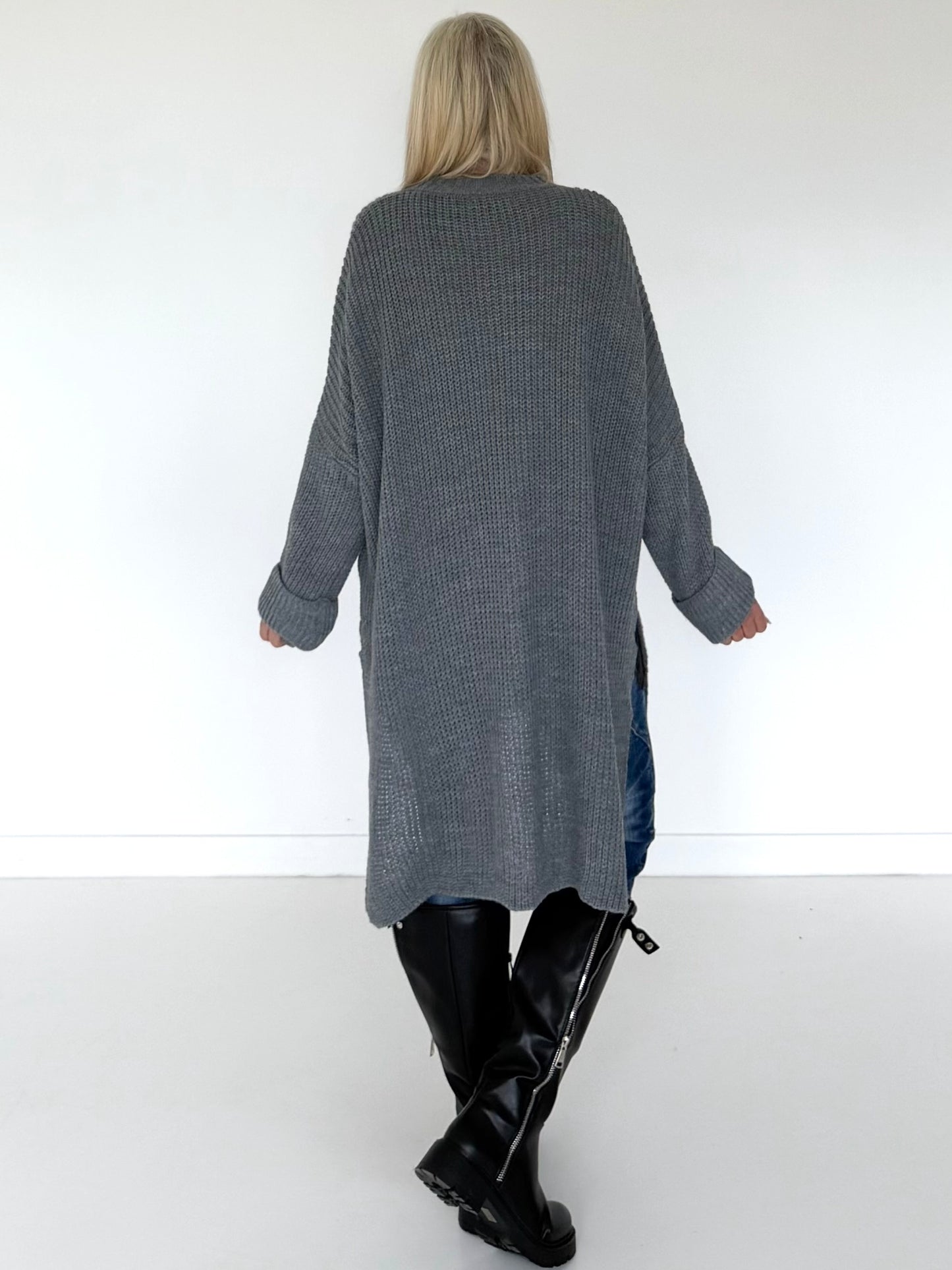 Long Strickpullover - grau