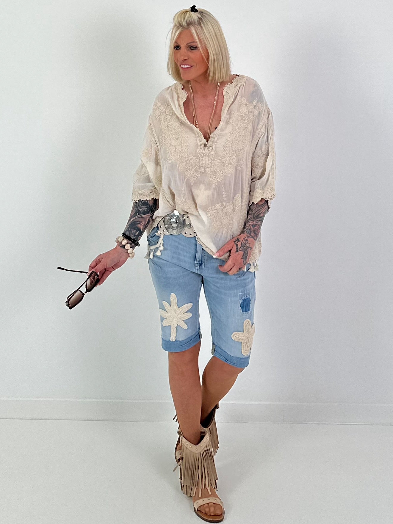 Boho Tunic with Crochet Appliqués - Beige