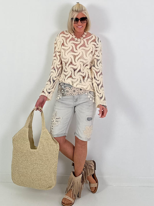 Crocheted patterned sweater - beige
