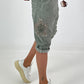 Short baggy shorts with crocheted flowers and sequins - khaki