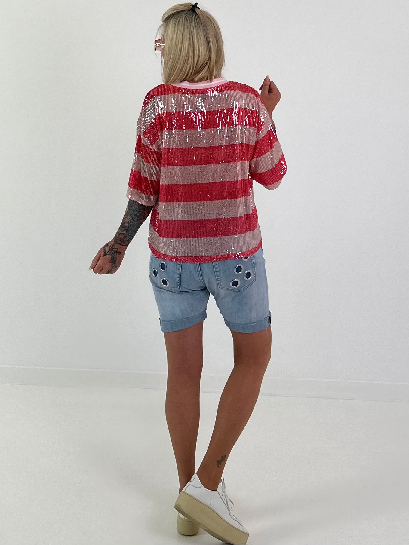 Pailletten Shirt mit Streifen - rot-rosa