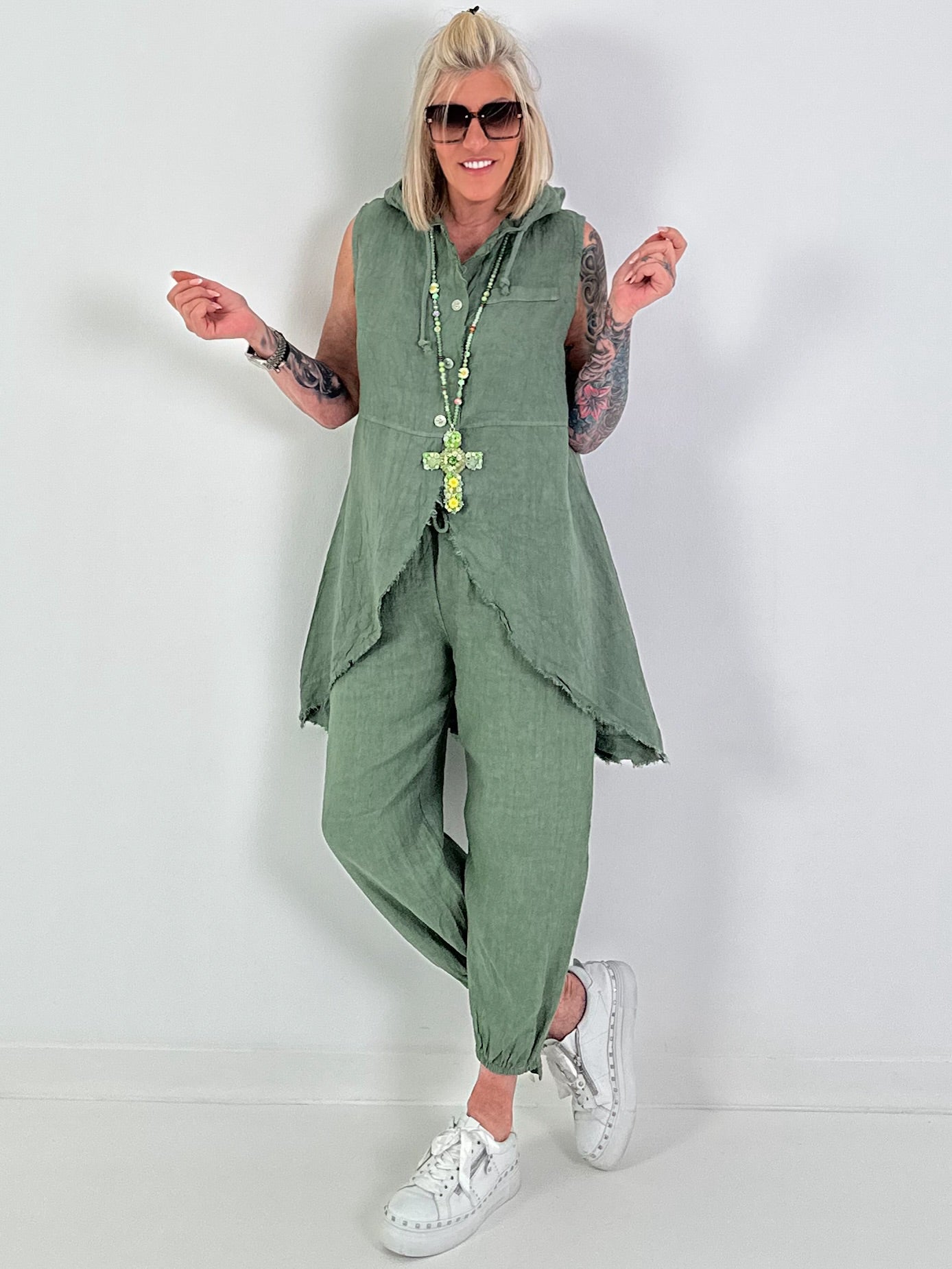 Leinen-Zweiteiler - khaki