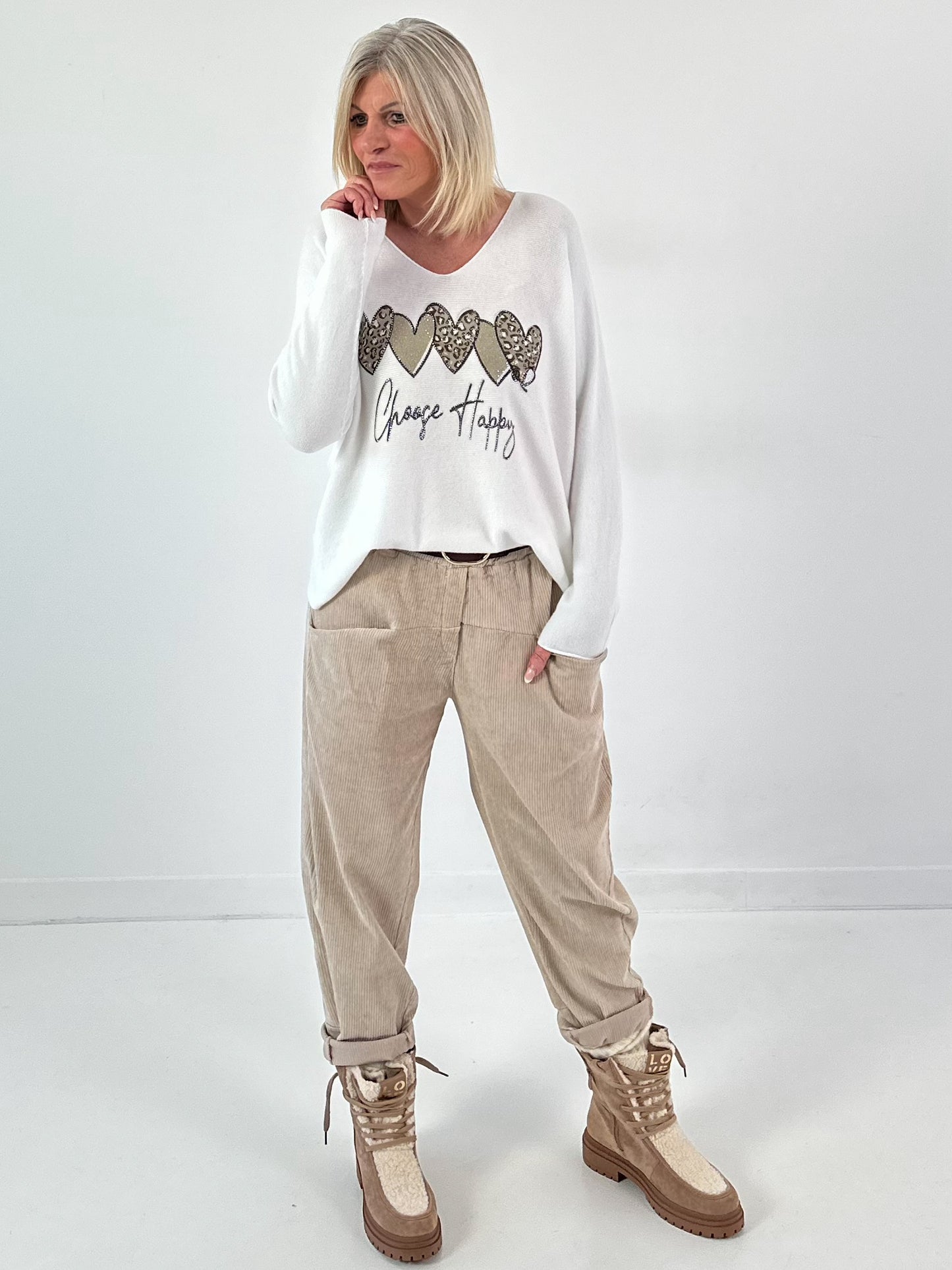 V-hals trui model "Choose Happy" - wit