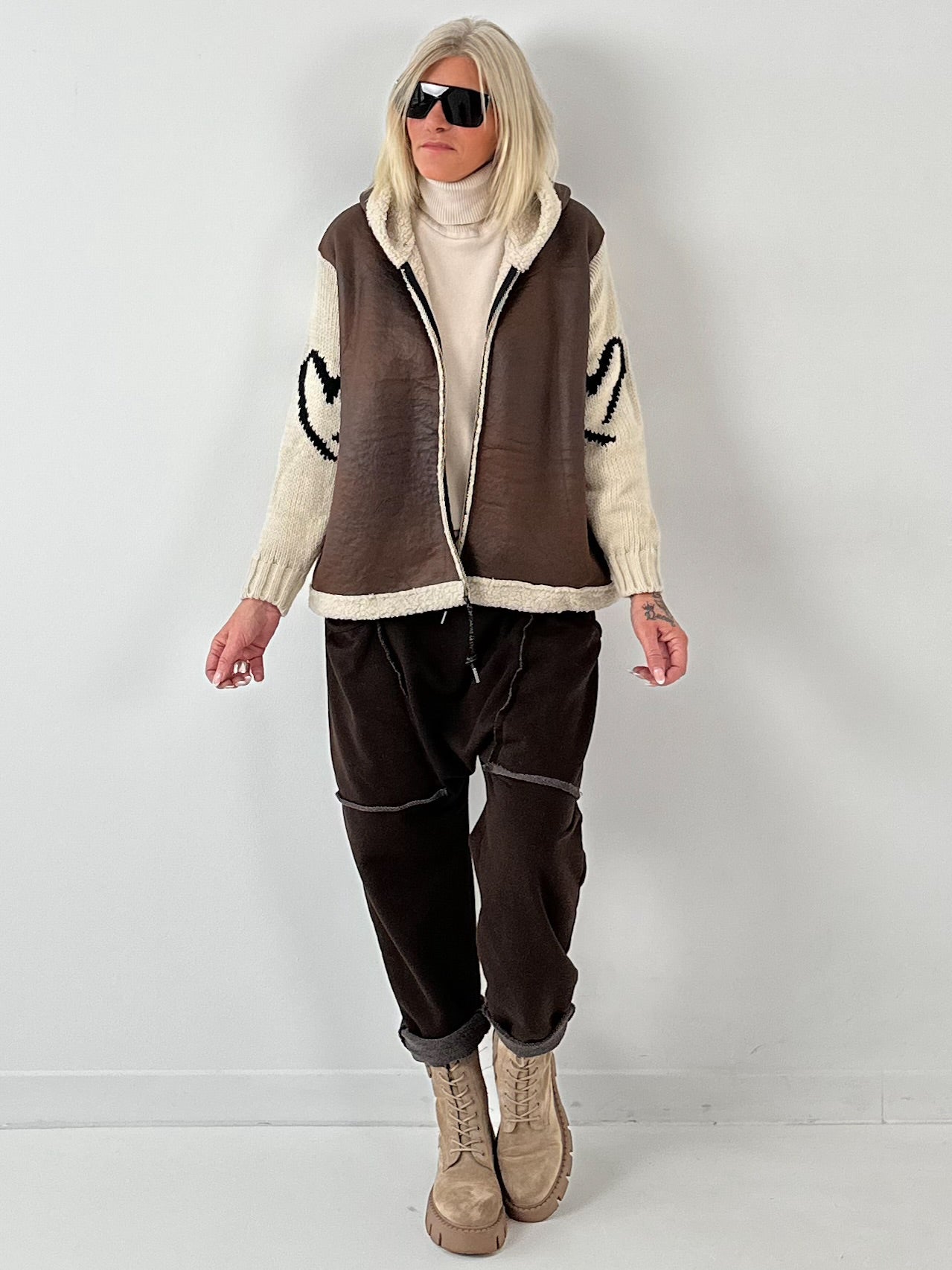 Lamb nappa imitation jacket with knitted sleeves model "Jana" - mocha