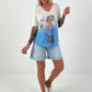 Fijngebreid T-shirt met print - wit-lichtblauw