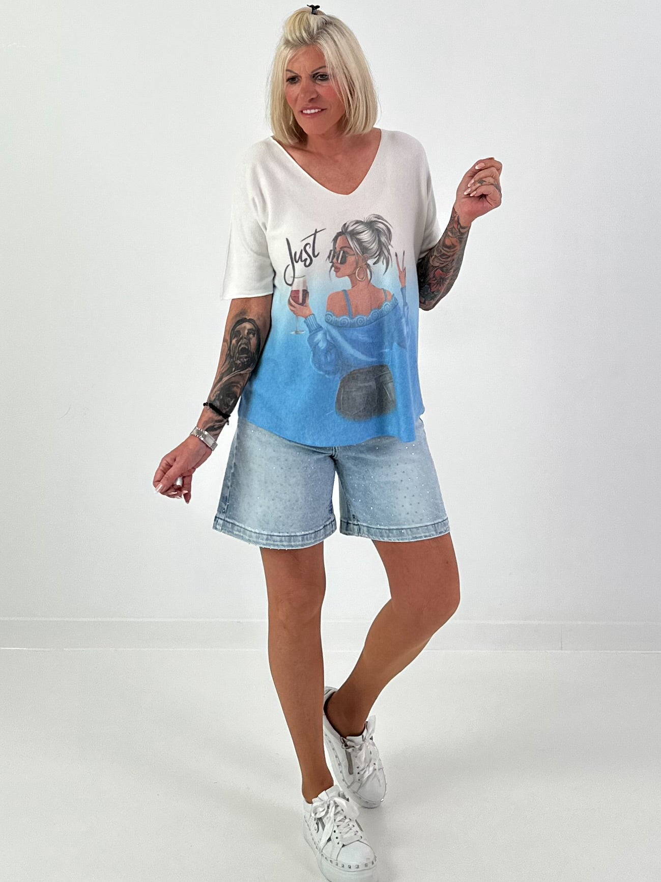 Fijngebreid T-shirt met print - wit-lichtblauw