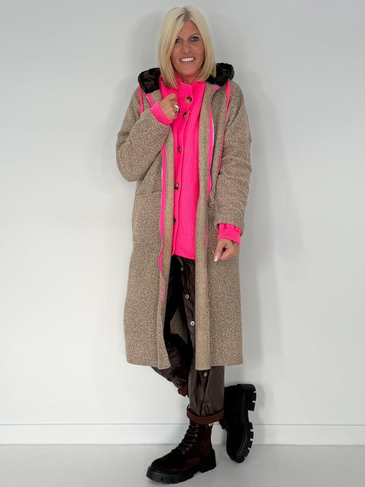 Mantel in Teddy-Curl-Optik und Neon-Akzenten - taupe