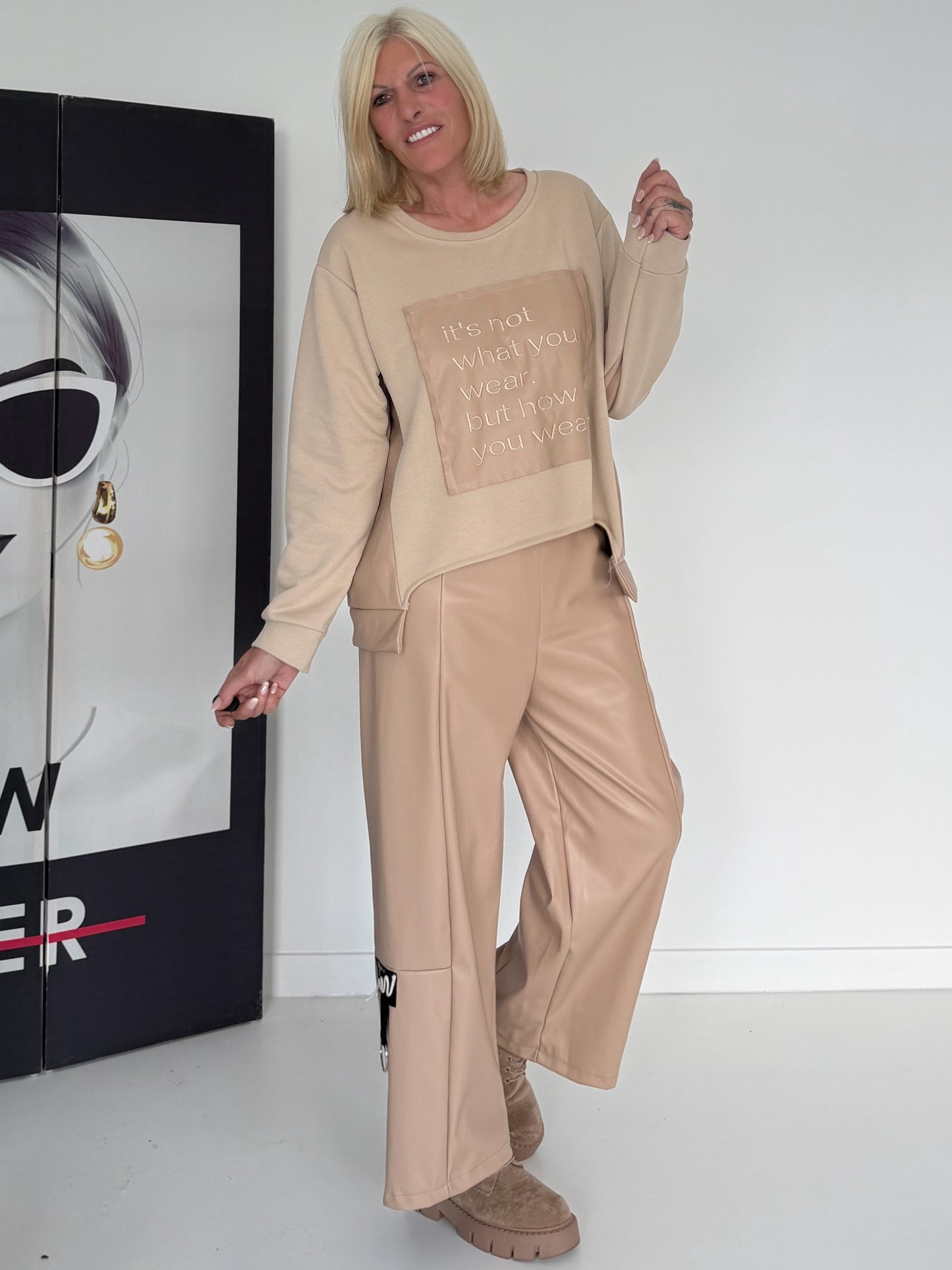 Sweater with faux leather details - beige