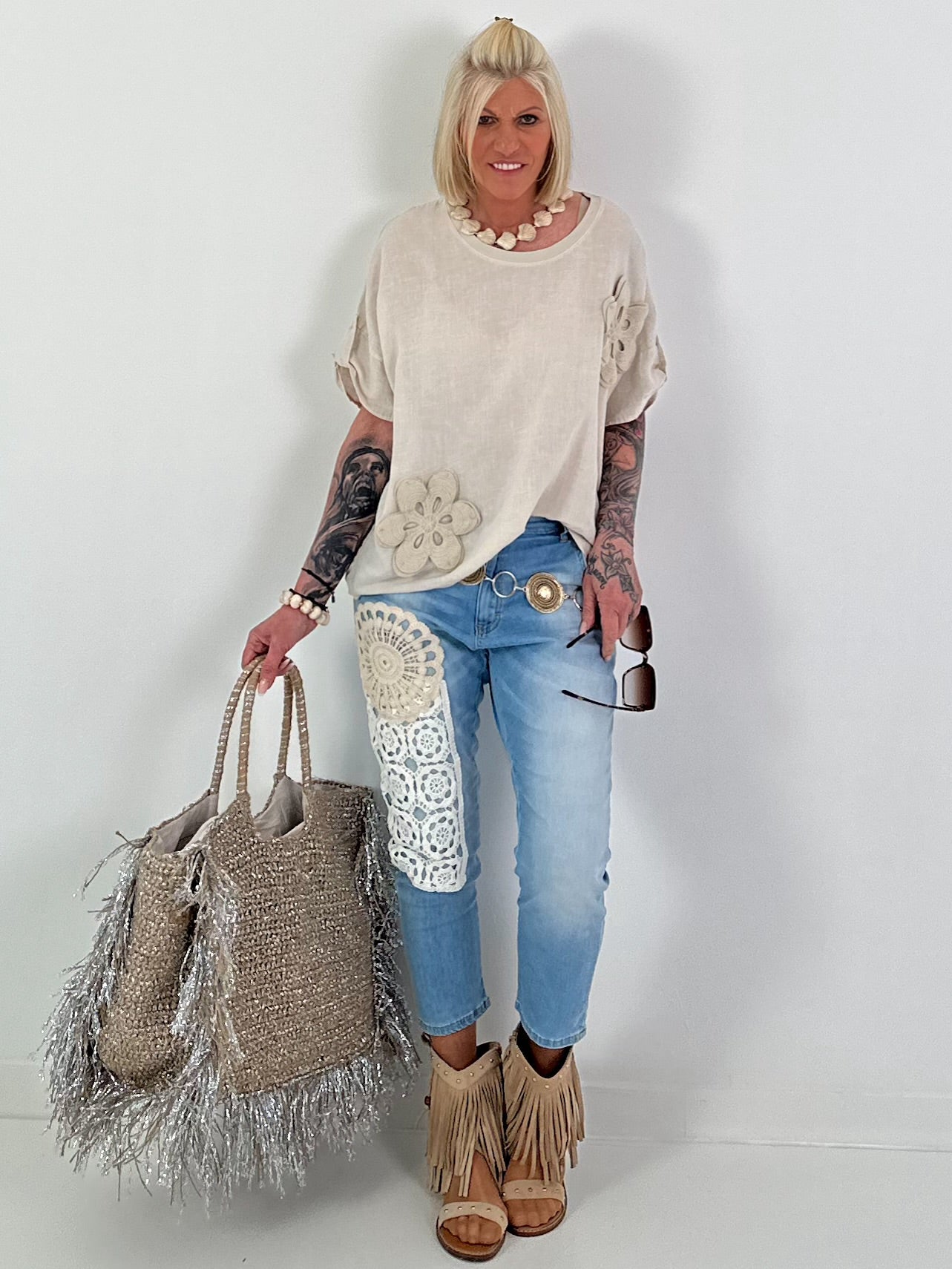 Linen shirt with crocheted floral appliqués - beige