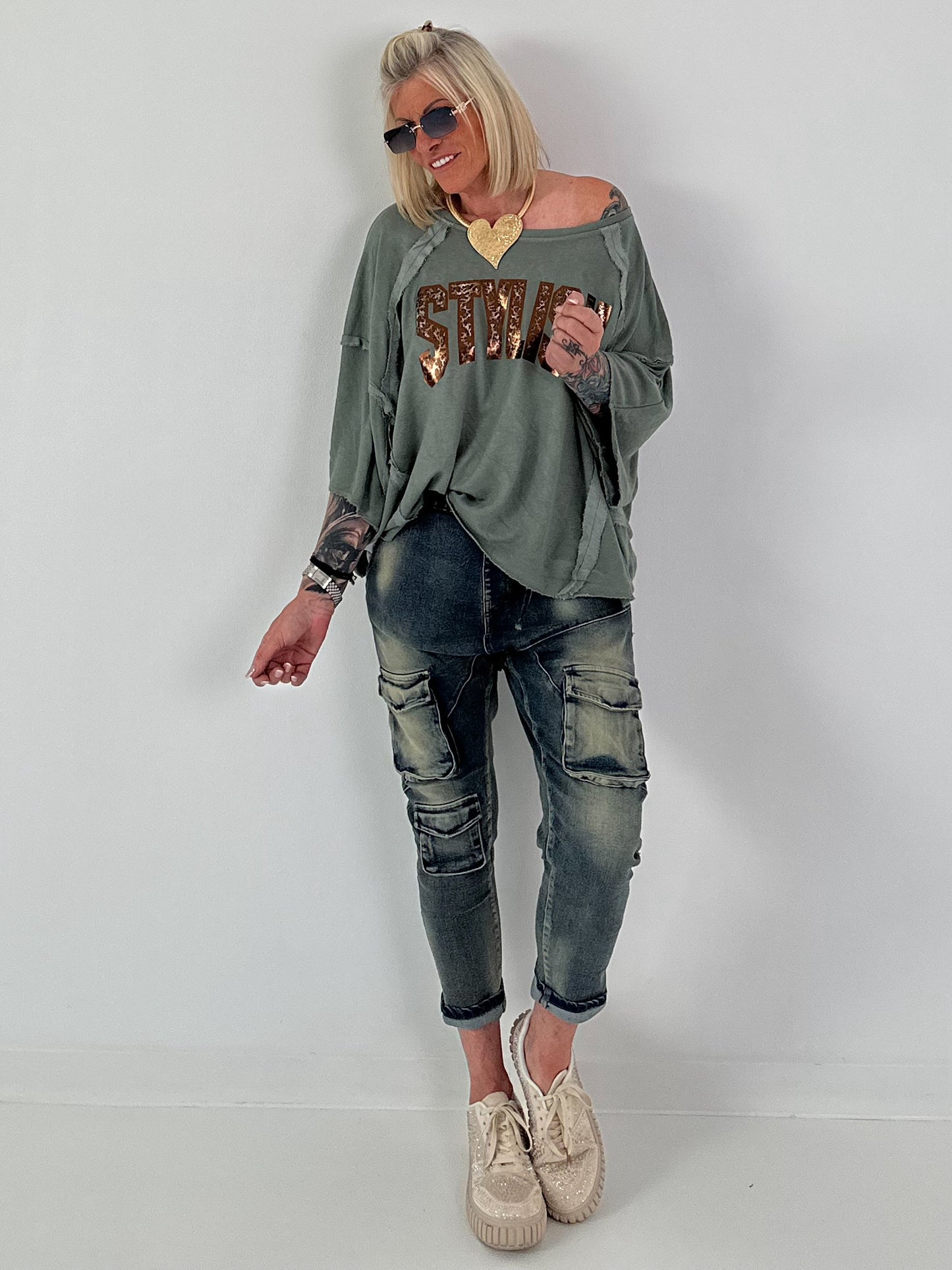 Strick Shirt mit Leo-Print - salbei
