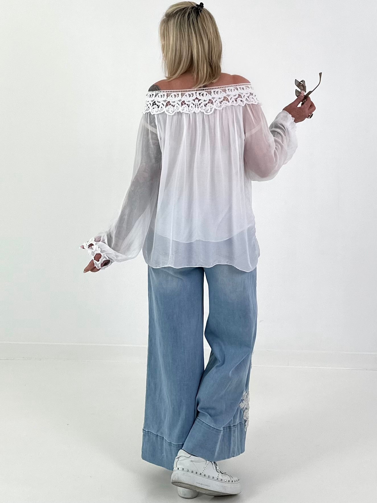 Silk tunic with crocheted neckline - white